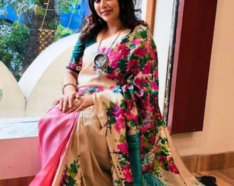 Hand-Painted Pure Tussar Silk Saree: Artisan Floral Masterpiece with Pure Zari Border