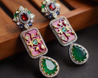 Handmade Sabyasachi Inspired Earrings | 18k Gold Polish, Green & Pink Stone