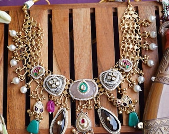 Handmade Kundan Necklace Set, Multi Color Stone Beaded Indian Jewelry