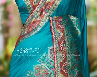 Modal Silk Jamewar Saree,Mughal Kani Kashmiri Design Floral Weaving Handloom Saree .