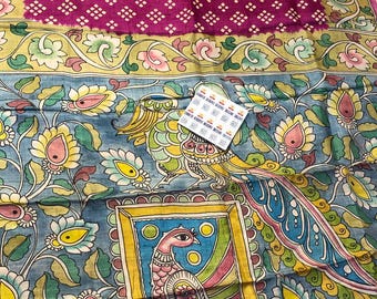 Handloom Tussar Silk Saree, Pen Kalamkari Block Print, Silk Mark Certified