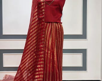 Majestic Handcrafted Luminous Tissue Striped Scalloped Saree, Embellished Chanderi Neckline Festival Sari Masterpiece