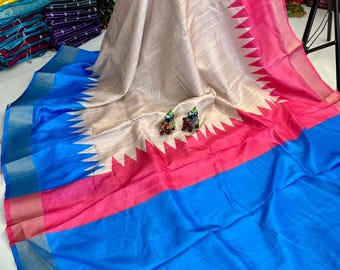 Handloom Muga Tussar Silk Saree, Abstract Kalamkari, Wedding Sari