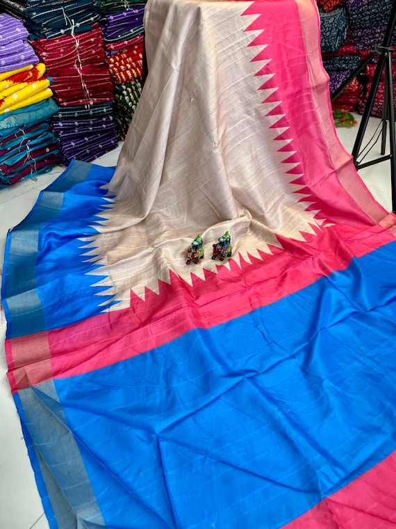 Muga tussar Silk Saree, Wedding Blouse Saree, Abstract Kalamkari Flower Handloom One piece Saree, Wedding gift SareeBlouse, tassels on pallu