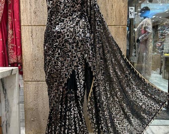 Black Georgette Sequin Saree | Heavy Handwork Geometric Sequence | Cocktail Party Wear Evening Sari