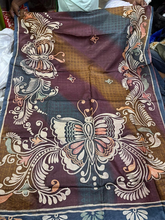 Handloom Tussar Silk Saree, Kaantha Stitch, Block Print, Silk Mark Certified