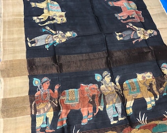 Hand-Painted Tussar Silk Saree: Artisan Certified Handloom Wrap Wedding Gift Sari