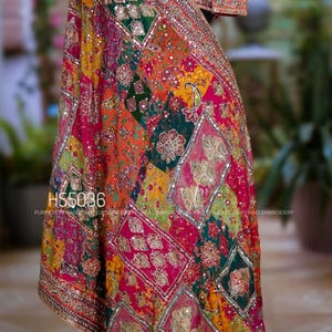 Pure Chinnon Ajrakh Saree | Real Mirror & Kundan Handwork | Ready Made Blouse Wrap image 4