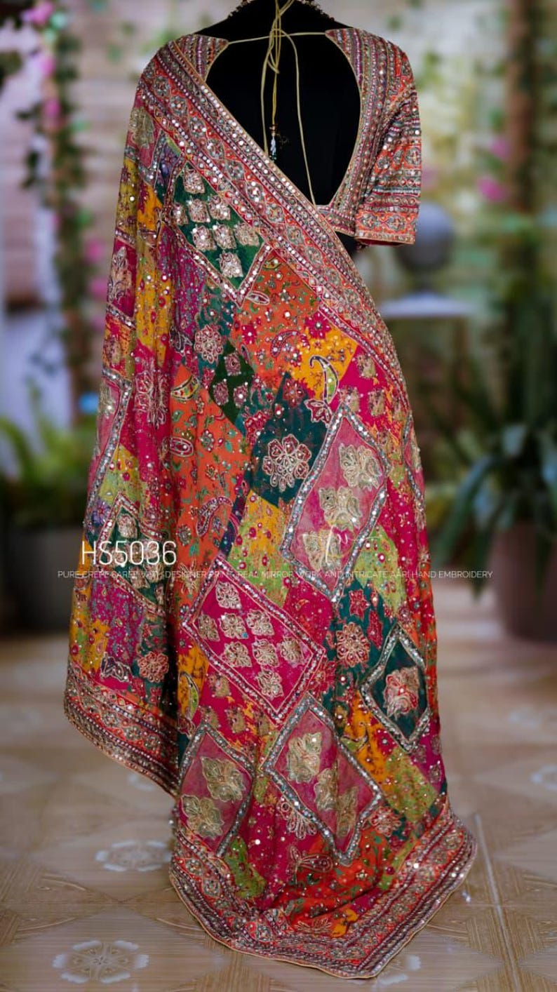 Pure Chinnon Ajrakh Saree | Real Mirror & Kundan Handwork | Ready Made Blouse Wrap image 4