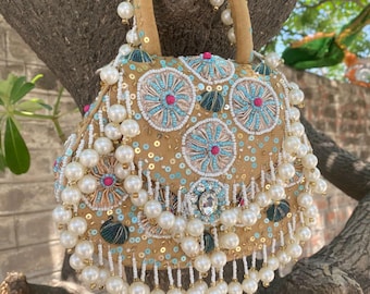Tan Pearl Fringe Boho Bag | Turquoise Beaded Festival Purse | Maximalist Statement Handbag
