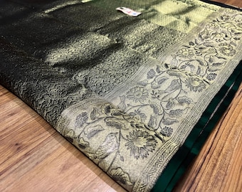 Pure Kanjeevaram Silk Saree | Emerald Green German Zari Turning Work Border Sari