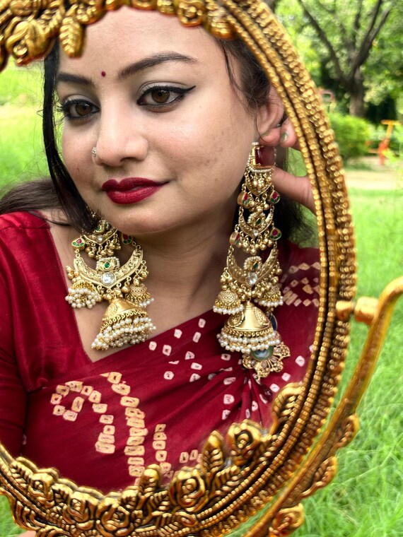 18k Gold-Tone Kashmiri Jhumka Earrings | Indian Temple Jewelry