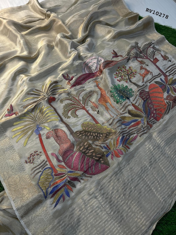 Handloom Tussar Silk Saree, Pen Kalamkari Block Print, Silk Mark Certified