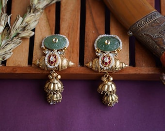 Kundan Jhumkas with Ear Chains: Indian Gold-Tone Earrings, Green & Pink Stones