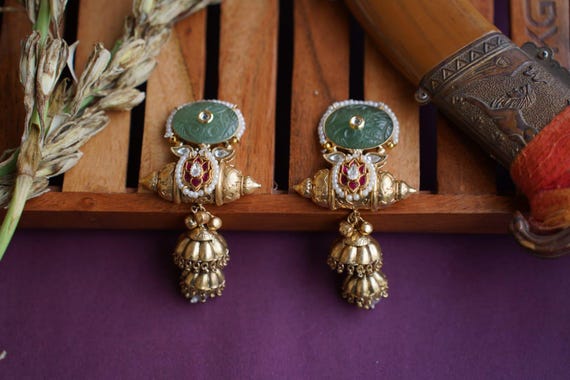 Kundan Jhumkas with Ear Chains: Indian Gold-Tone Earrings, Green & Pink Stones