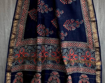 Navy Blue Maheshwari Silk Cotton Saree | Floral Block Print | Zari Border Sari