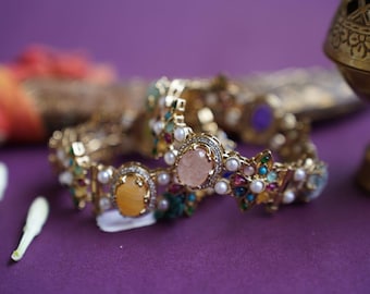 Kundan Bracelet: Boho Temple Hand Kada - Indian Gold-Tone Bangle