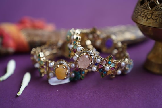 Kundan Bracelet: Boho Temple Hand Kada - Indian Gold-Tone Bangle