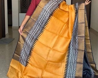 Handloom Muga Tussar Silk Saree, Kalamkari Flower Print, Wedding Saree