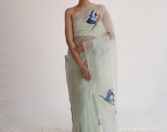 Handloom Organza Saree, Abstract Bird Flower Print, Summer Occasion