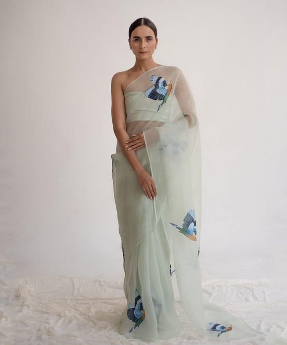 Handloom Organza Saree, Abstract Bird Flower Print, Summer Occasion