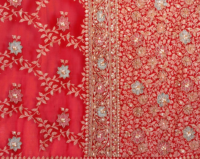 Featured listing image: Dabka Zardozi motifs Embroidery Khaddi Georgette Saree, beaded hand work Weaving handloom wedding saree.