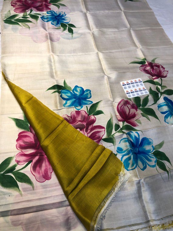 Pure tussar Silk Saree, Wedding Blouse Saree, Abstract Kalamkari Flower Handloom pen brush