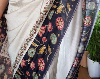 Cream Tussar Silk Saree | Navy Kalamkari Print Border | Classic Indian Ethnic Wear