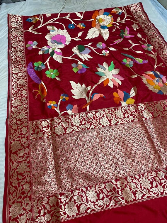 Handloom Red Katan Silk Saree: Banarasi Zari Meenakari Flower Weave, Silk Mark Certified