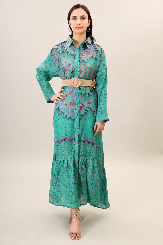 Boho Silk Maxi Dress, Psychedelic Print, One Size