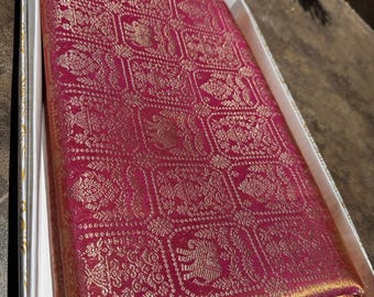Pink & Orange Checkered Kanjeevaram Saree | Gold Zari Elephant Motif | South Indian Bridal Silk Sari