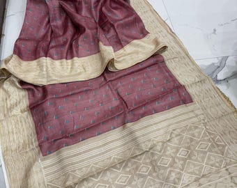 Handloom Chikenkari Tussar Silk Saree, Block Print Banarasi, Silk Mark Certified
