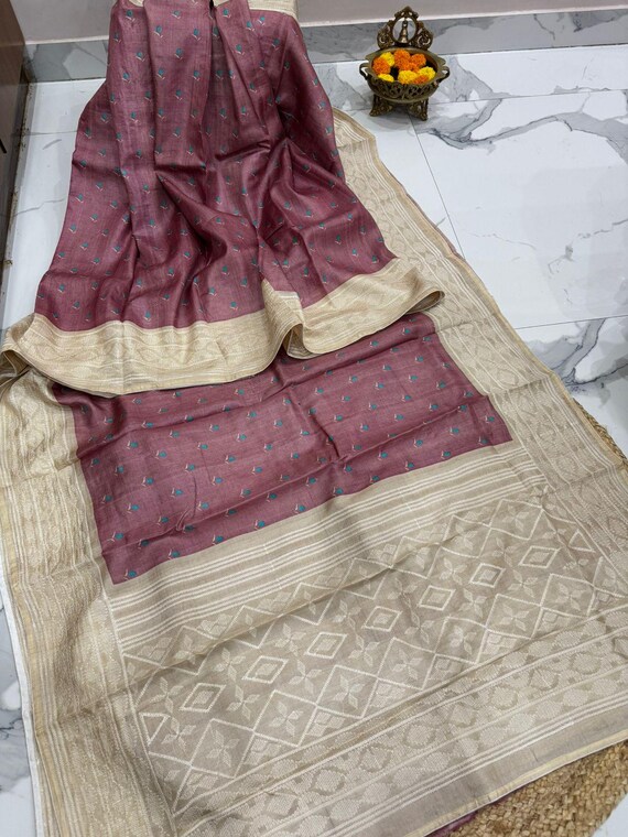 Handloom Chikenkari Tussar Silk Saree, Block Print Banarasi, Silk Mark Certified