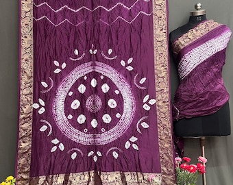 Pure Dola Silk Shibori Leheriya Saree | Zari Pallu Border | Hand-Tied Designer Wrap