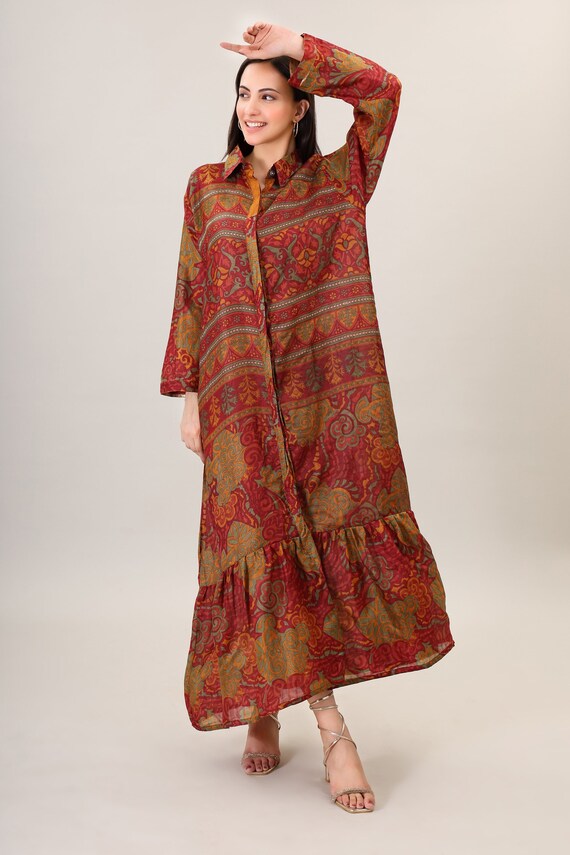Handmade Silk Maxi Dress: Bohemian Psychedelic Print, One Size