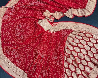 Handloom Banarasi Khaddi Bandhej Saree, Soft Georgette Chiffon