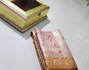 Golden Yellow Banarasi Silk Saree | Pastel Pink Silver Zari Border | Tissue Brocade Peacock Sari