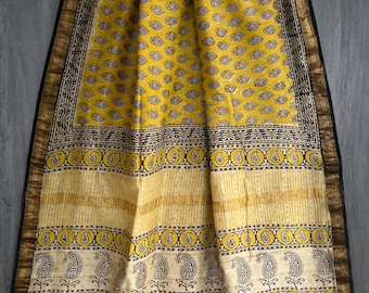 Yellow Maheshwari Silk Cotton Saree | Block Print Paisley Motif | Indian Handloom Sari