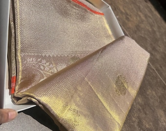 Pure Kanjeevaram Silk Saree | Champagne Gold Kattam Weave | Heavy Zari Bridal Sari