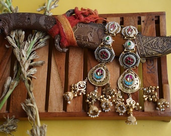 Kundan Jhumka Ear Chains: Indian Gold-Tone Earrings, Green & Pink Stones