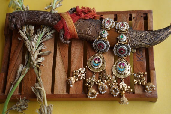 Kundan Jhumka Ear Chains: Indian Gold-Tone Earrings, Green & Pink Stones