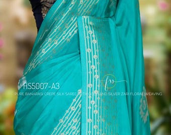 Turquoise Banarasi Crepe Silk Saree | Gold & Silver Zari Floral Weaving | Wedding Sari