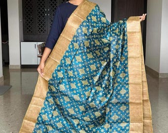 Muga Tussar Silk Saree, Kalamkari Floral Handloom, Wedding Saree