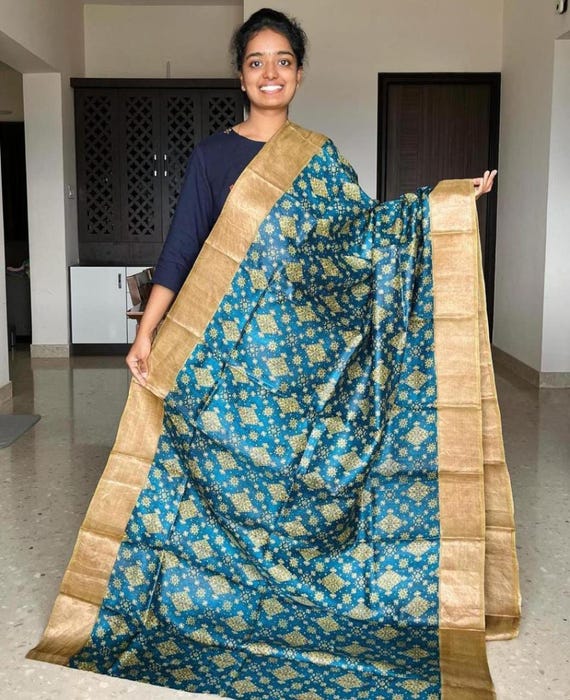 Muga Tussar Silk Saree, Kalamkari Floral Handloom, Wedding Saree