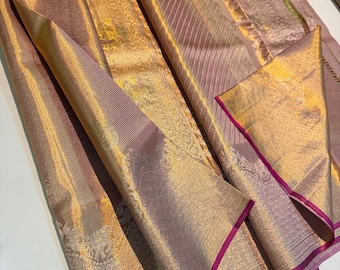 Pure Kanjeevaram Silk Saree | Dual Tone Rose Gold Lilac Zari, Magenta Edge