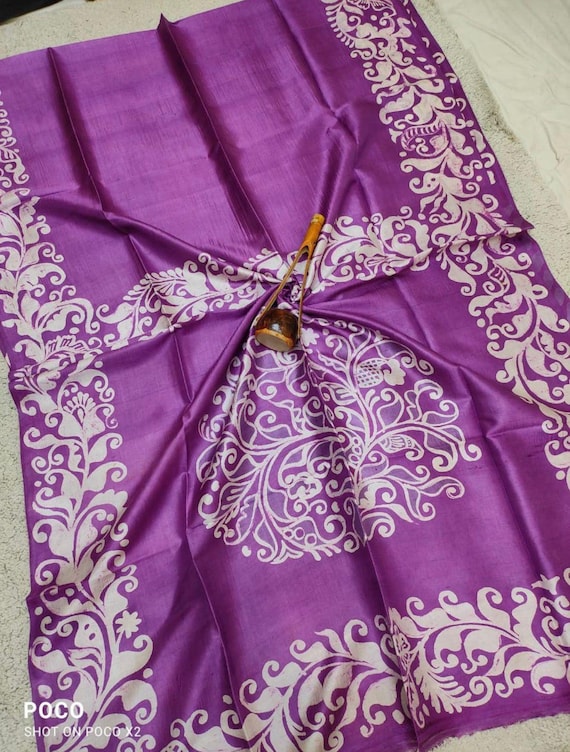 Handloom Muga Tussar Silk Saree, Kalamkari Floral Print