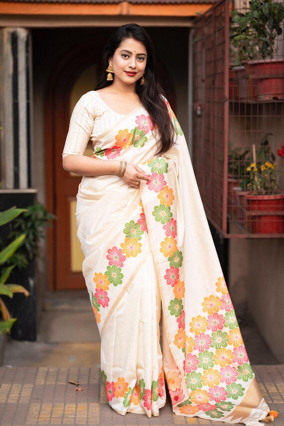 Handloom Silk Saree, Dual Tone Hand Painted Floral Design