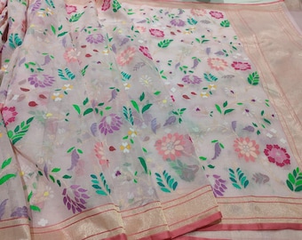 Gold Jamdani Silk Saree: Handloom Kadhua Banarasi Weave