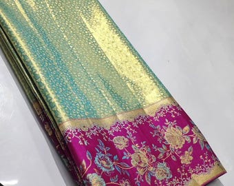 Mint Green Brocade Silk Saree | Magenta Pink Floral Border | Traditional Wedding Sari