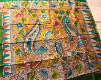 Handloom Pen Kalamkari Tussar Silk Saree, Block Print, Silk Mark Certified